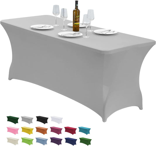 CWK 6FT Waterproof Stretch Spandex Table Cover for Rectangular Tables - Elastic Fitted Tablecloth for Folding Tables,Wrinkle Resistant Table Cloth for Parties, Weddings, Banquets & Events (Silver)