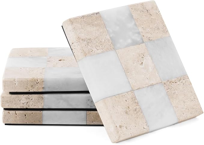 Marble Coasters Set of 4, Travertine & White Matt Handmade 4 inch Square Checkered Stone Coaster, Drink Coasters for Living Room, Trendy Office Desk Accessories & Home Décor