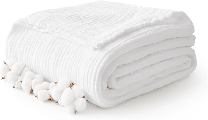 100% Cotton Muslin Blanket 50" x 60", Breathable and Lightweight Cotton Throw Blankets for Couch, Soft Cooling Summer Gauze Blanket for Adults All Season, White