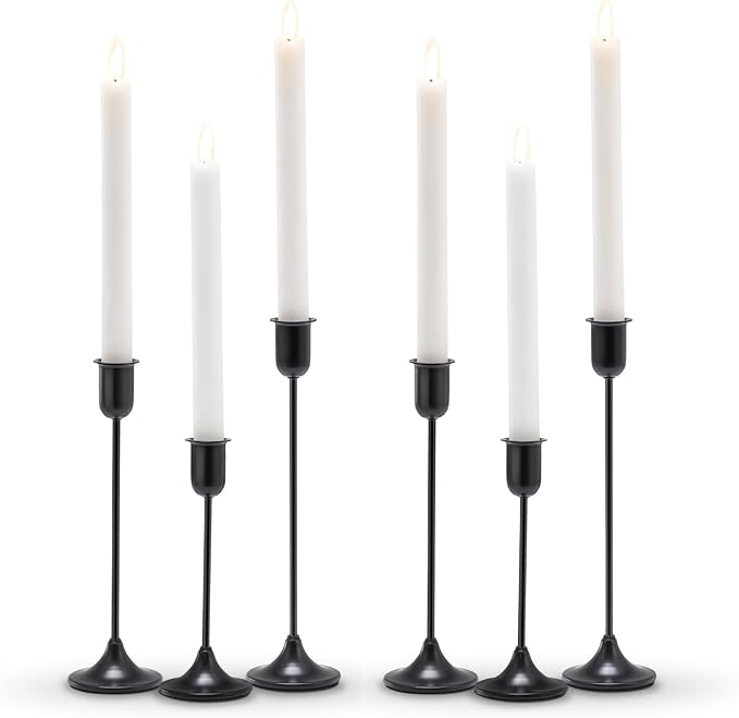 Black Taper Candle Holder 6 PCS, Vintage Candle Stick Candlestick Holders | Flameless Candle Holder Modern Decorative Table Centerpiece, Cozy Atmosphere for Home Decor, Wedding, Candlelit Dinner Party