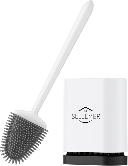 Sellemer Toilet Brush and Holder Set - Flexible Toilet Bowl Brush Head with Silicone Bristles, Compact Size for Storage and Organization, Ventilation Slots Base (1 Pack, White)