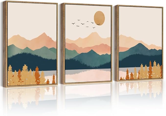 PHOPAGO Mountain Range Landscape Framed Wall Art Watercolor Nature Laker Paints Boho Sun Rises Rustic Room Decor for Kitchen Farmhouse - 11x14in Natural Framed