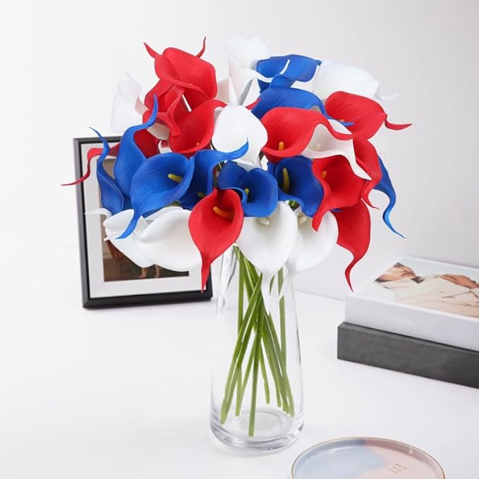 24 Pcs Patriotic Calla Lily Flower 4th of July Artificial Flowers Fake Blue White Red Silk Flowers Real Touch for Independence Memorial Day