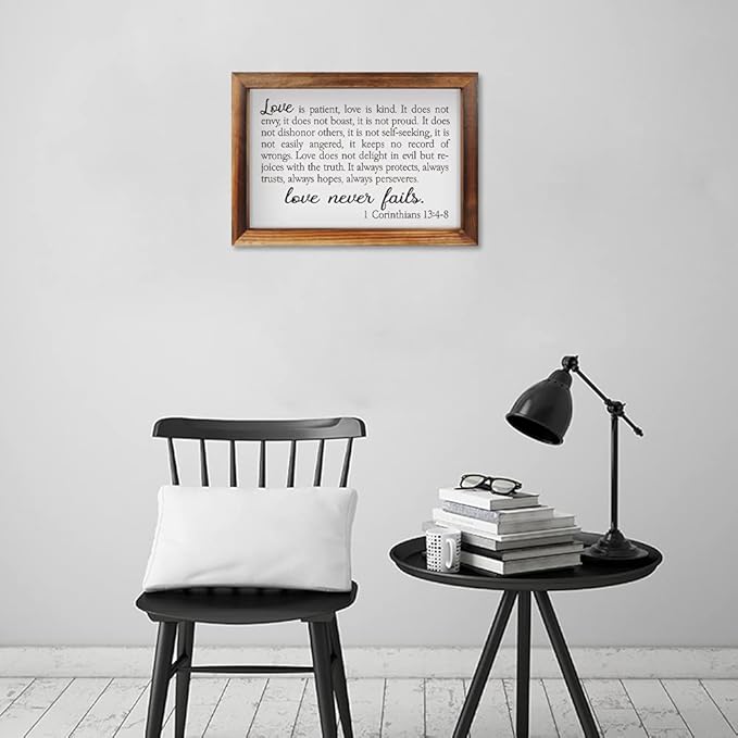 CHDITB Love Is Patient Framed Wood Sign Plaque(16×11), 1 Corinthians Wooden Wall Table Sign with Inspirational Quotes, Vintage Holy Bible Christianity Wall Art Sign for Living Room Farmhouse