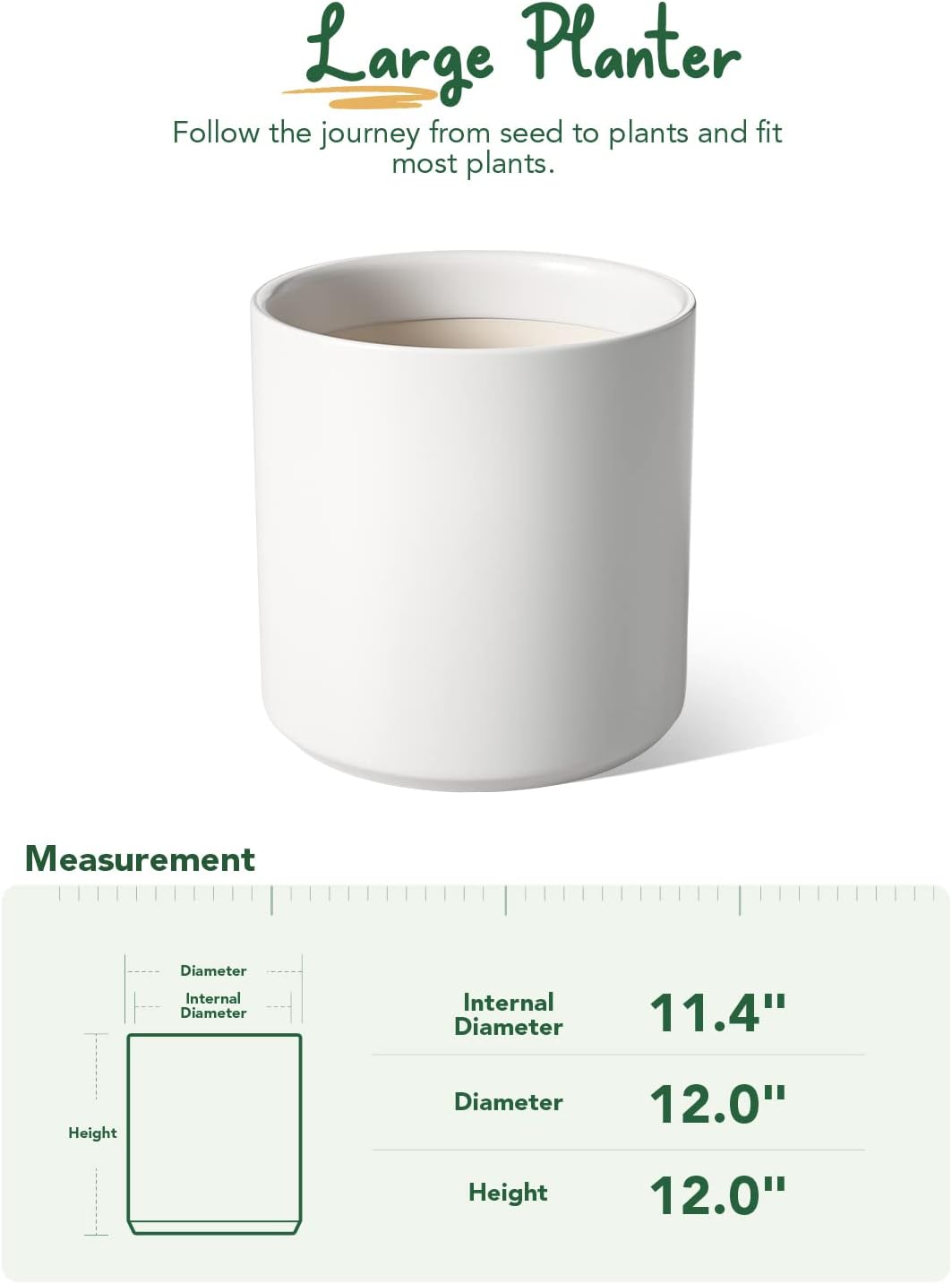 LE TAUCI 12 Inch Pot for Plants, Ceramic Large Planter for Indoor Plants, Mid-Century Modern Flower Pots with Drainage Hole and Removable Plug, White