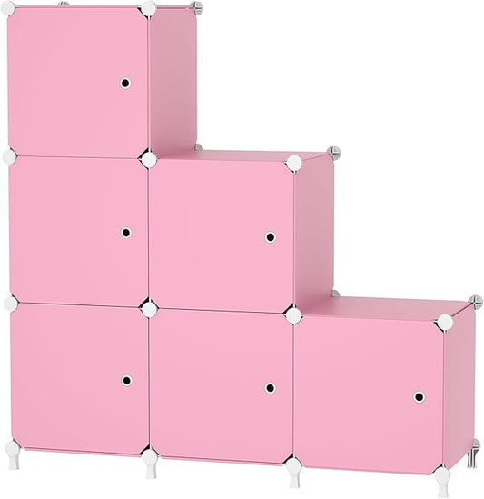 Cube Storage Organizer, 6-Cube Shelves Unit with Doors, DIY Stackable Plastic Clothes Organizer for Bedroom and Under Stairs Storage Unit, Each Compartment 30 x 30 x 30 cm Pink ATTSL6006