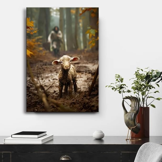 Large wall art for living room Jesus Running After Lost Lamb Picture for home decor Jesus wall decor for prayer room Baptism gifts for boys-girl serenity prayer Religious canvas wall prints .(24"X36") A-397