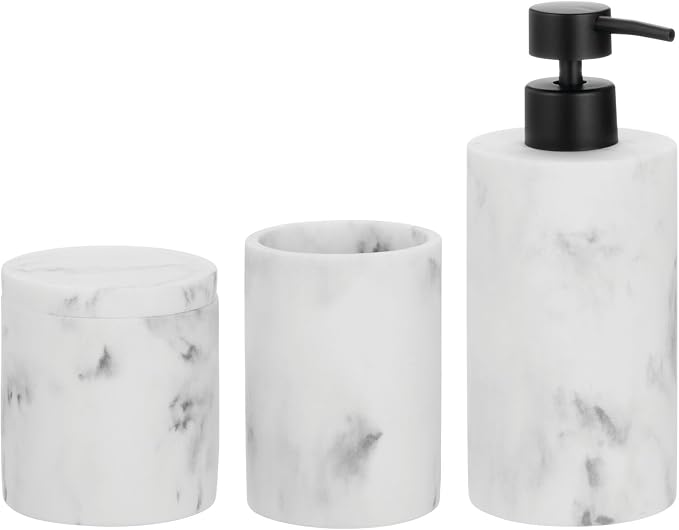 mDesign Printed Resin 3-Piece Bathroom Vanity Countertop Accessories - Soap Dispenser, Tumbler Rinsing Cup, and Canister Holder Sets - Complete Modern Counter Aesthetic - Set of 3 - Marble