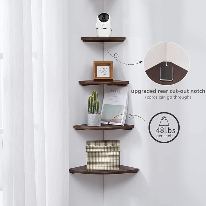 Corner Shelf,14inch Walnut Solid Wood Floating Corner Shelves Wall Mount Round End Floating Speaker Rack with Wire Hole for Small Plant for Bedroom Kitchen, Living Room