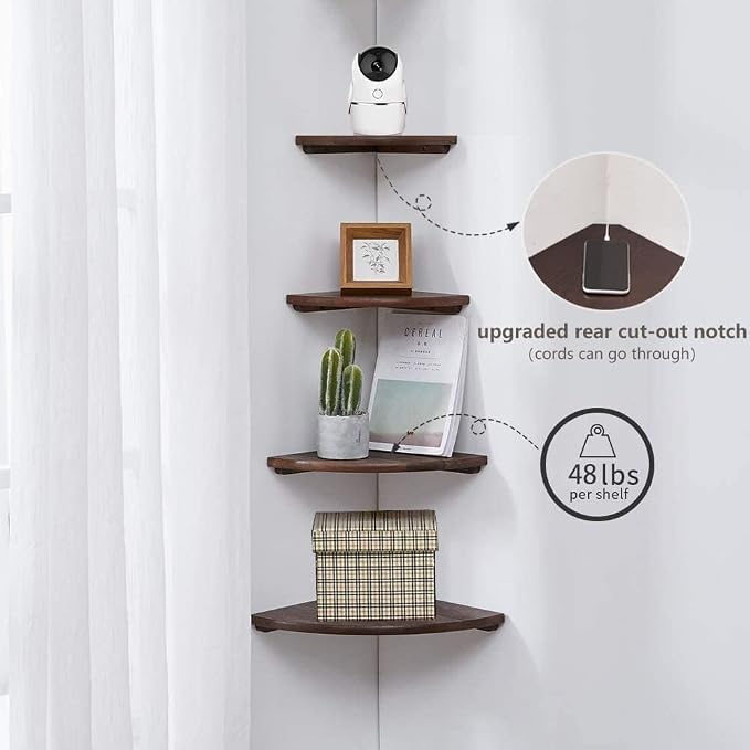 Corner Shelves, Floating Corner Shelf, Set of 3 Solid Oak Wood Corner Wall Shelves, Round End with Wire Hole Shelving for Small Plant for Bedroom Kitchen, Living Room (Size 9/10/12in)