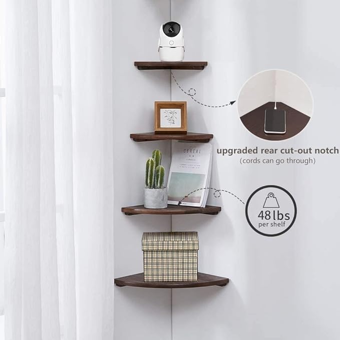 Corner Shelves, Floating Corner Shelf, Set of 2 16inch Solid Oak Wood Corner Wall Shelves, Round End with Wire Hole for Small Plant for Bedroom Kitchen, Living Room
