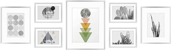 Golden State Art, Aluminum Gallery Wall Frame Set of 7 - Includes One 11x14, Two 8x10, and Four 5x7 - Metal Frames with Mat & Real Glass Cover for Elegant Home or Office Decor (Style 2, Silver)