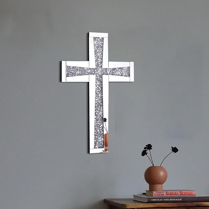 Aeveco Silver Cross Mirror for Wall Decoration 20×13 Inch, Crystal Crush Diamond Mirrored Cross for Living Room, Bedroom, Home Décor