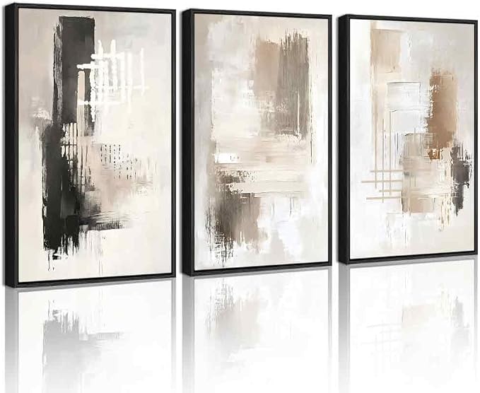 PHOPAGO Abstract Framed Wall Art Large 16x24in Mid Century Modern Minimalist Beige Pastel Watercolor Neutral Wall Decor for Living Room Bedroom - Black Framed