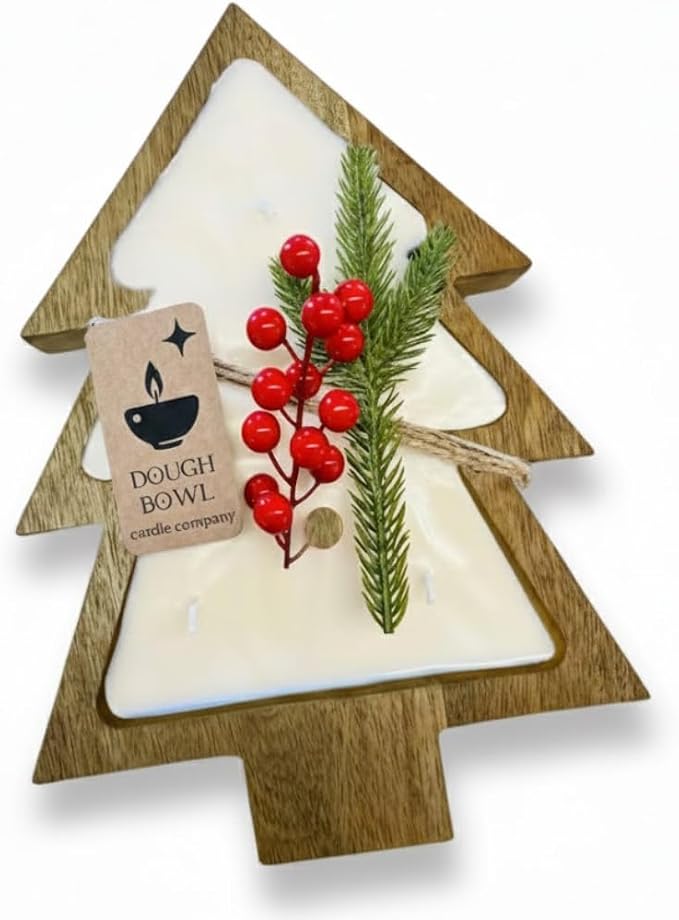 Dough Bowl Candle Co. Christmas Tree Shaped Candle - 14x10x2 6 Wick Brown Large Wooden Bowls for Decor, Mistletoe, Pine, Fir, Cedarwood Scented Decorative Wood Bread Bowl, Rustic Vegan Holiday Gift