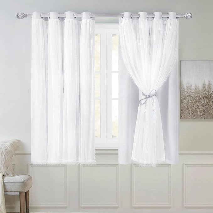 Greyish White Blackout Curtains Set - Double Layers Voile Sheer Light Blocking Draperies with Tie-Backs for Bedroom Windows, 52 x 54 inches, 2 Pieces