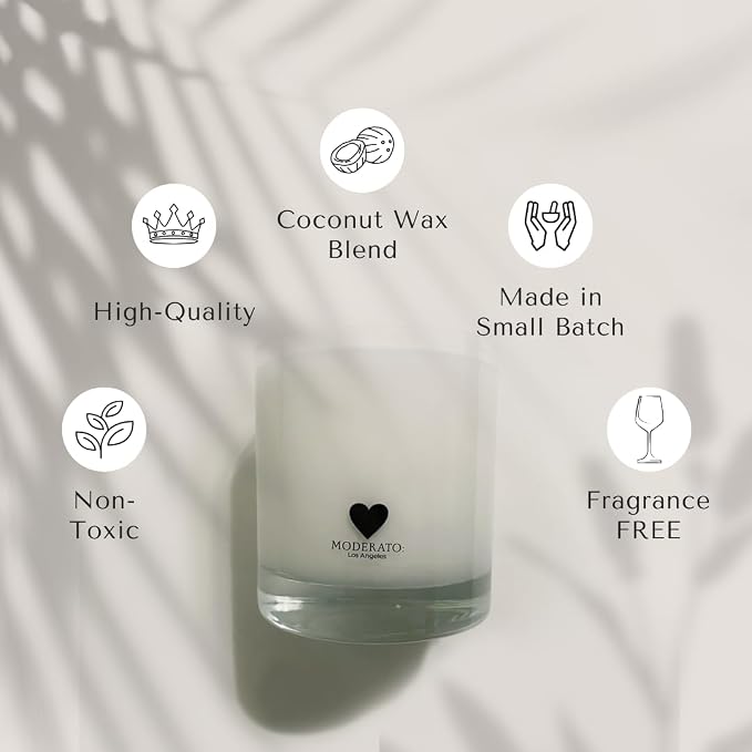 MODERATO Los Angeles No.00 Blanc – Luxury Unscented Coconut Wax Candle, Handcrafted Crystal Clear Glass Vessel, Fragrance Free Candle, Gift for Dinner & Meditation, 50 Hour Burn, Made in USA 8.5oz