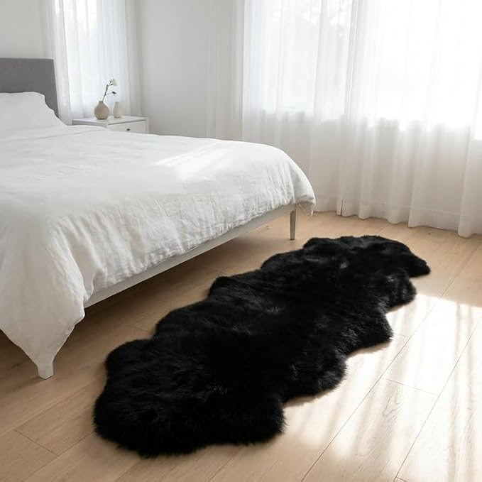 Fluffy Patchwork Sheepskin Rug with Little Patches-Fuzzy Shaggy Fur Genuine Wool Area Carpet for Bedroom Living Room Floor, Pray Pup Mat, Chair Sofa Seat Cover Black 2' x 6'