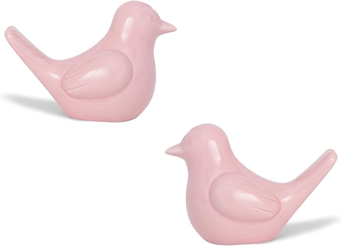 Small Pink Bird Statue Ceramic 2-Piece Set, 3¾ inch Cute Knick Knack for Home Office Shelf Desk Decor