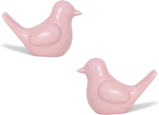 Small Pink Bird Statue Ceramic 2-Piece Set, 3¾ inch Cute Knick Knack for Home Office Shelf Desk Decor