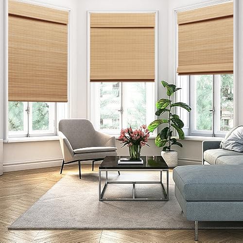 SEEYE Cordless Bamboo Roman Shades, Blackout Natural Bamboo Blinds for Indoor Windows, Roll Up Blind Privacy Shade for Home, Office, Door, UV Resistant & Easy to Install, 35" W x 64" H, Carbonized
