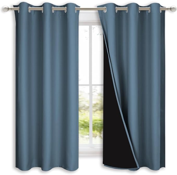 NICETOWN 100% Blackout Short Curtains with Black Liners, 2 Panels, 37" W by 50" L, Smoky Blue, Solid Thermal Insulated Full Blackout 2-Layer Lined Drapes, Energy Efficiency Window Drapes for Bedroom