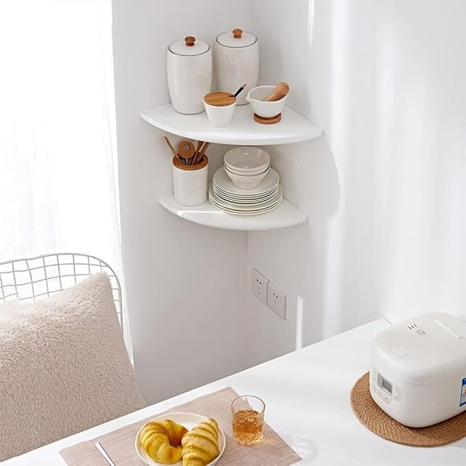 Corner Shelf, Solid Oak Wood Floating Corner Shelf Wall Mount Round End Floating Speaker Shelves with Wire Hole for Small Plant Photo Frame for Bedroom Kitchen, Living Room (White, 8.7in)