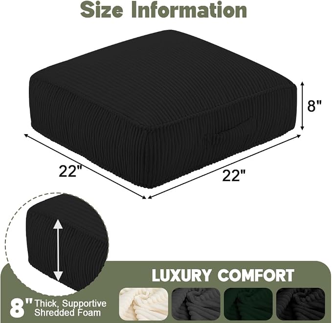 Meditation Floor Pillow for Adults, 8" Extra Thick Floor Cushion for Sitting with Washable Cover, Large Corduroy Meditation Pillow, 22 inches Tatami Seat with Handle for Yoga Pillow, Black