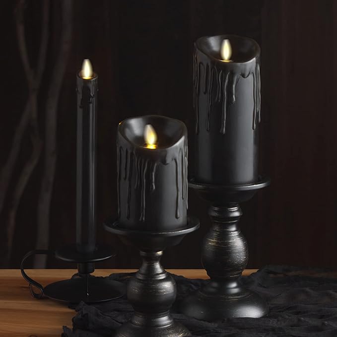 Luminara Black Wax Drip Flameless Candle LED Battery Operated Moving Flame Lights Pillar Unscented Real Wax with Dripped Edge, Timer (3 x 6.5 inch)