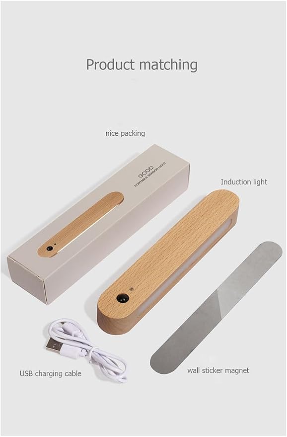 Wooden Motion Sensor Wall Light Magnetic Rechargeable Hallway 1-Pack | Night light warm LED glow, USB C, Detachable design, Tool-free mounting for closets, stairs, cabinets, entryways, home