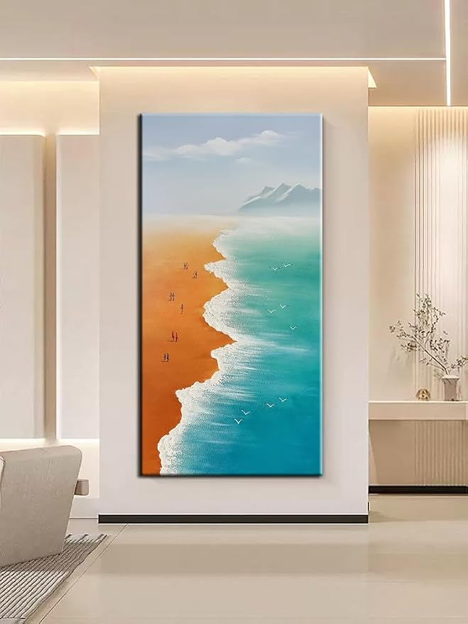 YaSheng Art - 24x48inch landscapes Abstract Art Painting Oil Painting on Canvas Texture Blue Ocean scenery sandbeach Paintings HandMade Canvas Wall Art Paintings Modern Home Decor Art Living room sofa bedroom dining room hanging pictures