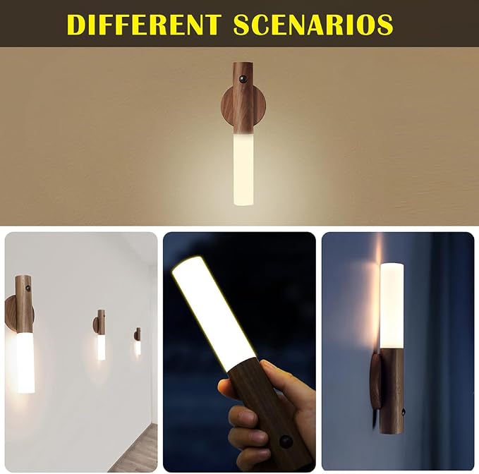 LANDGOO Wooden Motion Sensor Lights Indoor, Magnet Body Hallway Rechargeable LED Wireless Battery Operated Wall Sconce, Portable Decor Torch Night Lighting for Bedroom (Walnut Wood 1Pcs)
