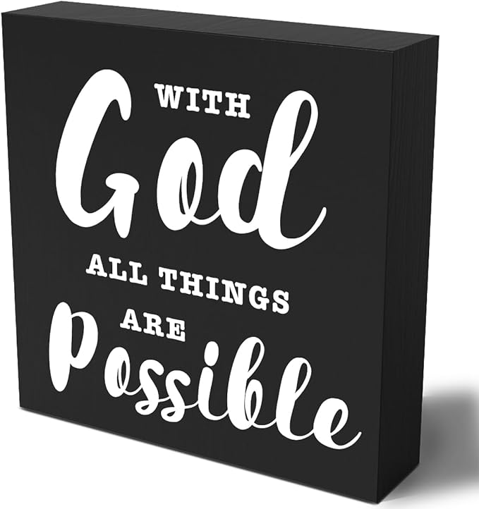 Motivational Christian Decor Wood Sign Religious Gifts Desk Decor Rustic Black Bible Verse Wooden Box Sign for Home Office Living Room Bedroom Shelf Counter Kitchen Table Centerpieces