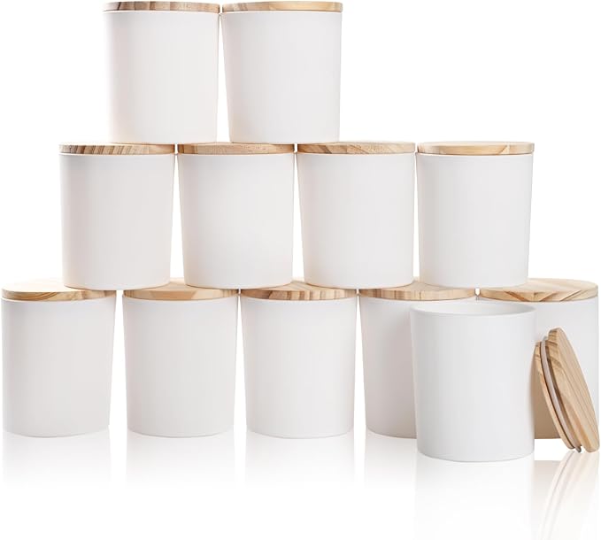 SHOWIN Thick Candle Jars for Making Candles 12 Pcs,10 OZ Empty Jars with Wood Lids for Candle Making, Sample Container, Matte White