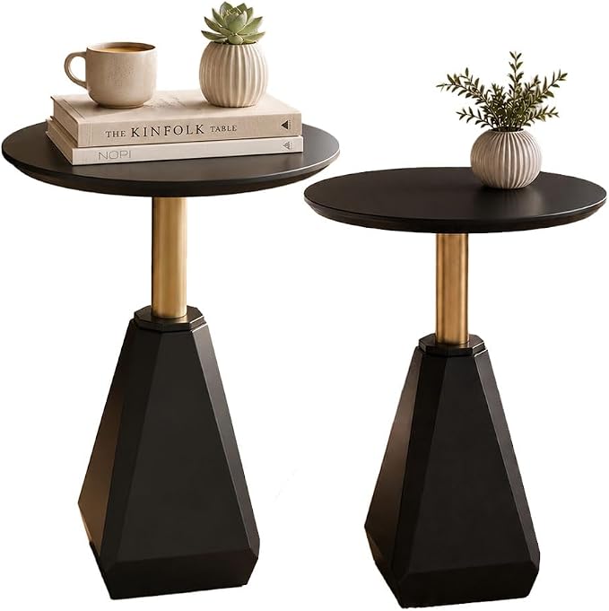 Round Wood Side Table, Set of 2, Coffee Nightstand Cocktail Drink Modern Accent Circle End Table, Wood Pedestal Base for Living Room, Bedroom, Small Spaces, Offices, Black