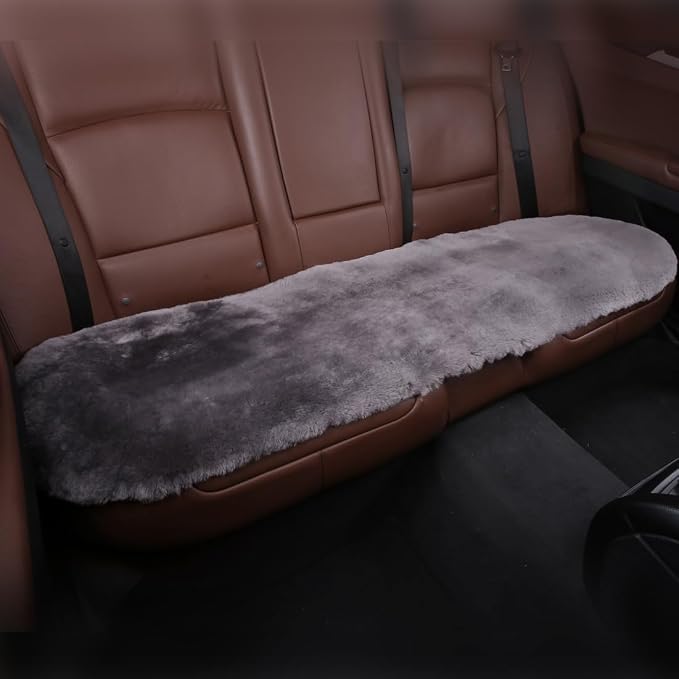 OGLAND Fuzzy Genuine Sheepskin Car Rear Seat Cover for Kids Dogs Pets Auto Bench Back Cushion Interior Accessories with Soft Fluffy Wool Natural Fur, Graphite