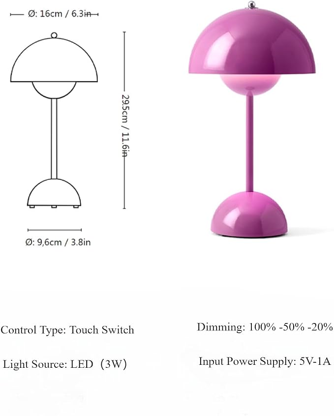 Modern Flower Bud Lamp 12" Cordless Touch Lamp Dimmable 2600mAh Rechargeable Desk Lamp Nordic Minimalist Mushroom Lamp Nightstand Bedside Lamp for Bedroom Living Room(Pink) No Reading Light