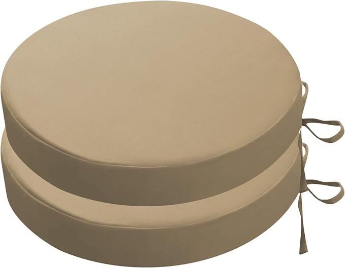 SK Studio Round Outdoor Chair Cushions for Patio Furniture, Set of 2 Waterproof Patio Chair Cushion with Adjustable Ties for Garden Sofa Couch, Camel, 22"x22"x3"