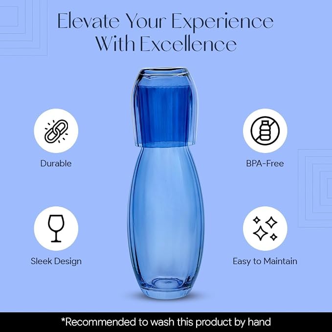 American Atelier 40 oz Bedside Water Carafe with Tumbler – 2-Piece Ribbed Glass Night Pitcher with Cup Lid for Nightstand, Guest Room & Office, Stylish & Durable Drinkware (Cobalt Blue)