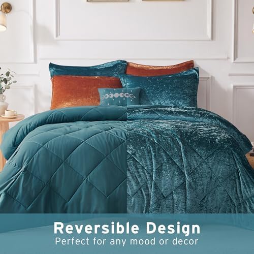 Intelligent Design King Duvet Cover Set, Velvet King Duvet Set, Luxury Diamond Quilting Teal Duvet Cover, Fluffy Duvet Cover with Decorative Pillow and 2 Shams, 4 Pieces, Teal, King/Cal King