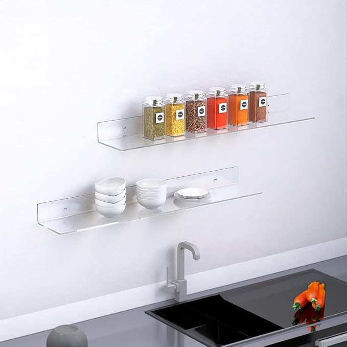 Sezanrpt 36 Inches Acrylic Wall Shelves 2 Pack, Floating Shelf for Wall Mounting, Acrylic Display Ledges for Funko Pop Figures, Home Décor, Living Room, Gaming Room, Plants(36 inch, Clear)