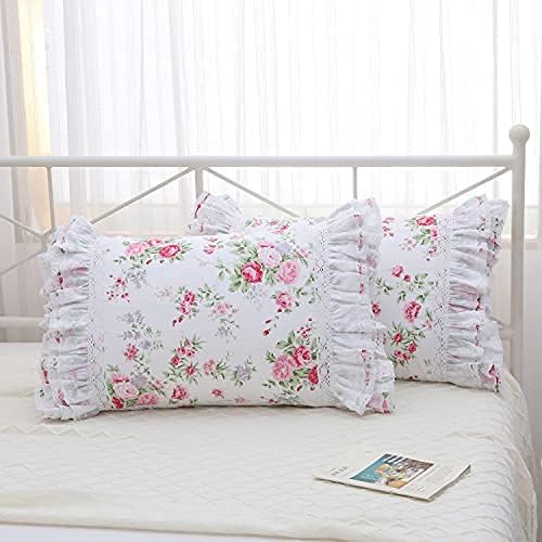 2-Pack Rose Floral Print Pillow Shams with Lace Ruffles Shabby Chic King Size Pillowcases 20" x 36 "Country Vintage Style