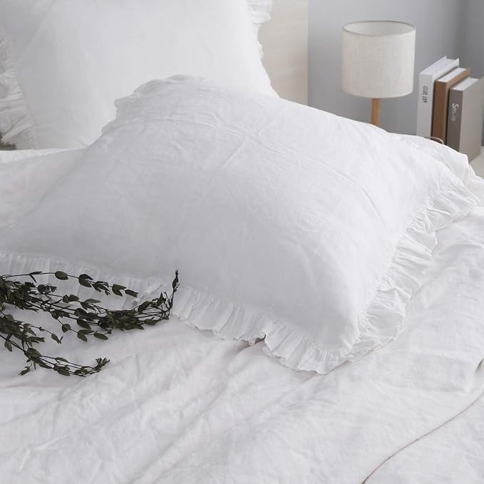Simple&Opulence 100% Linen Euro Sham Covers with Ruffle, 2Pcs Pillow Covers 26x26 Inches, Euro Pillow Shams for Bed Couch French Home Decor Luxury and Breathable Square Pillow Cases, White