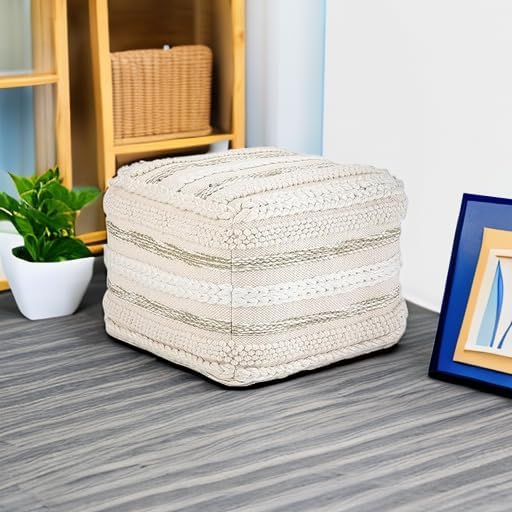 SIMPLIHOME Sommer Square Pouf - 18 inch Wide Upholstered Handloom Woven Cotton Ottoman in Natural/Cream, Boho-Style Footstool, Extra Seating or Accent Piece for Living Room or Bedroom, Assembled