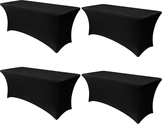 Obstal 8ft Stretch Spandex Table Cover - 4 Pack Universal Rectangular Fitted Tablecloth Protector for Wedding, Banquet and Party, Black