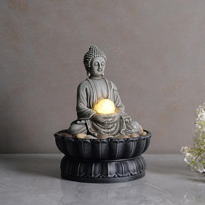 Kalona Tabletop Buddha Waterfall Fountain, Meditating Buddha Zen Fountain with LED Glass Orb, Relaxing Desk Water Feature for Home Office Decor(21127B)