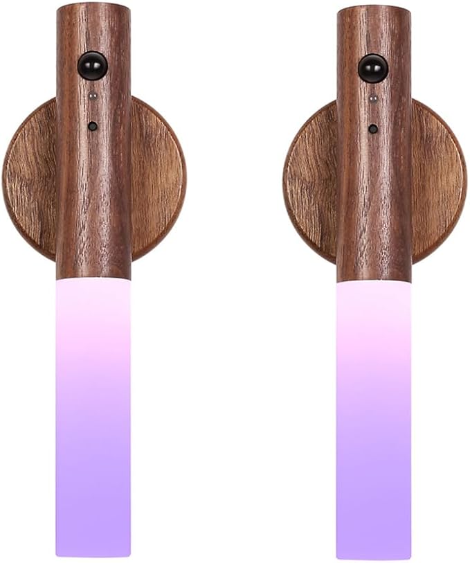 LANDGOO Wooden Motion Sensor RGB Night Lights Indoor, Magnet Body Hallway Rechargeable LED Wireless Battery Operated Wall Sconce (RGB Walnut Wood 2Pcs)