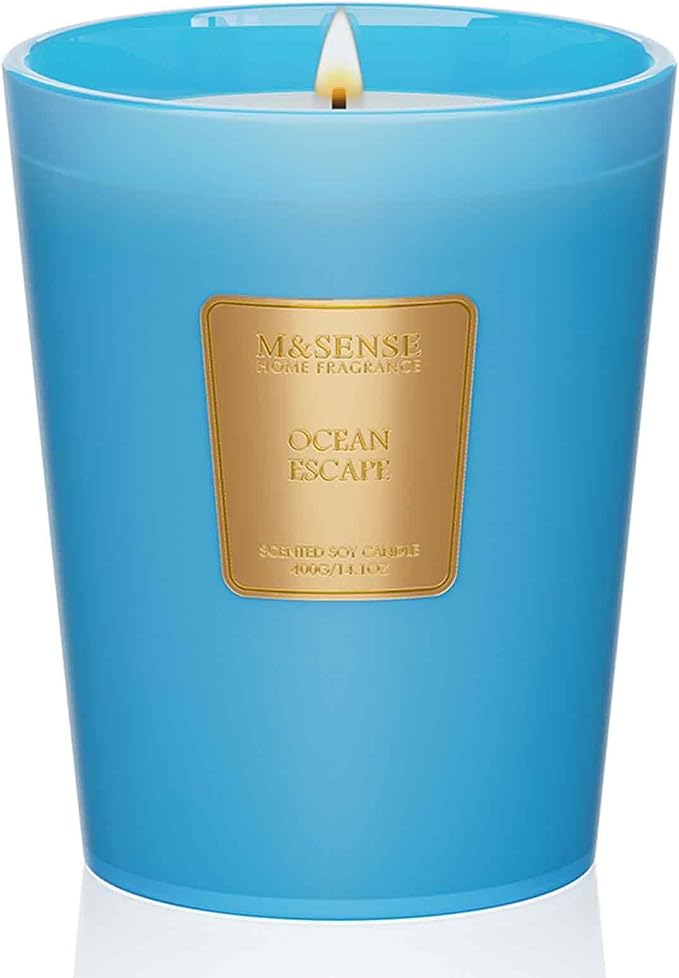 M&SENSE Ocean Escape Soy Candle, 14.1oz, Coastal Summer Scent | 60H Slow Burn, Non-Toxic, Summer Guest Room Stress Relief Home Fragrance, Relaxation Housewarming Gift