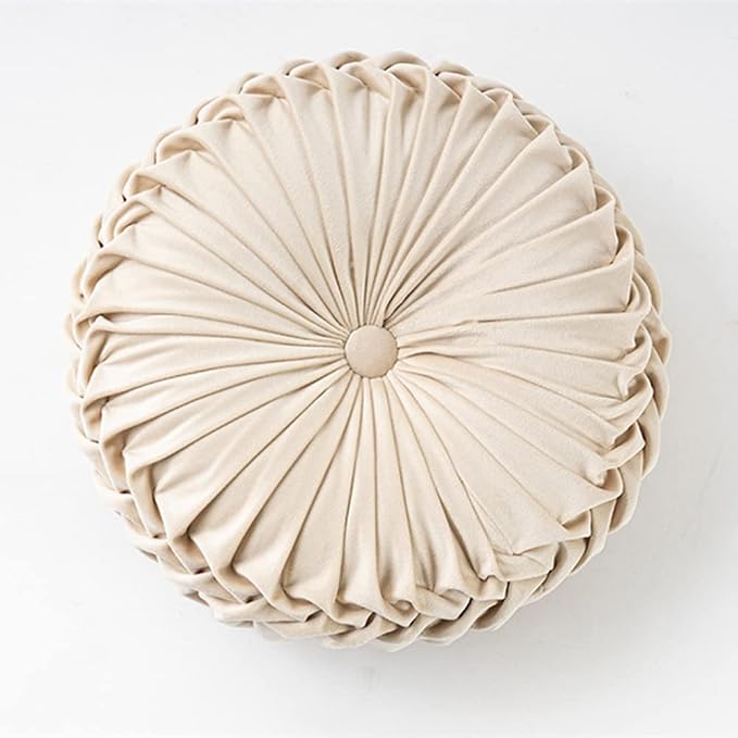 NatureMan 13.7 inch Round Sofa Cushion Pure Color Velvet Home Decor, Pleated Round Cushion, Pumpkin Pillow Suitable for Home Bed car Decoration (Creamy-White)