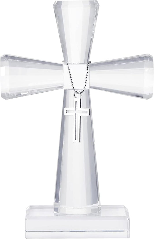 YWHL Handmade Crystal Cross Standing Religious Gifts for Women Men, Glass Cross Collectible Figurines for Home Decoration